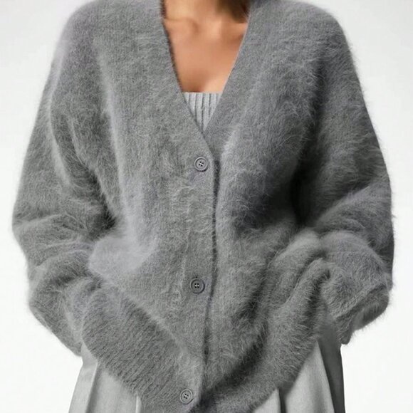 Dark Grey Casual Women's V-Neck fuzzy furry button down Sweater cardigan - Picture 1 of 5